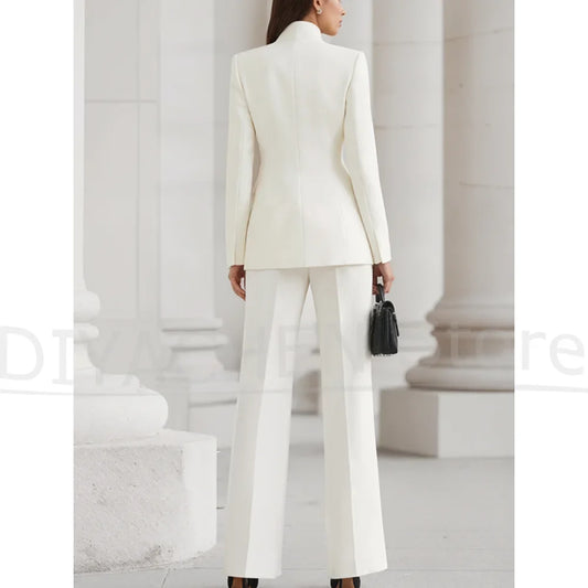 Women's Stand Collar Suit Chic One Button Formal Party Evening Outfit High Quality Business Casual Slim Fashion Pants Sets