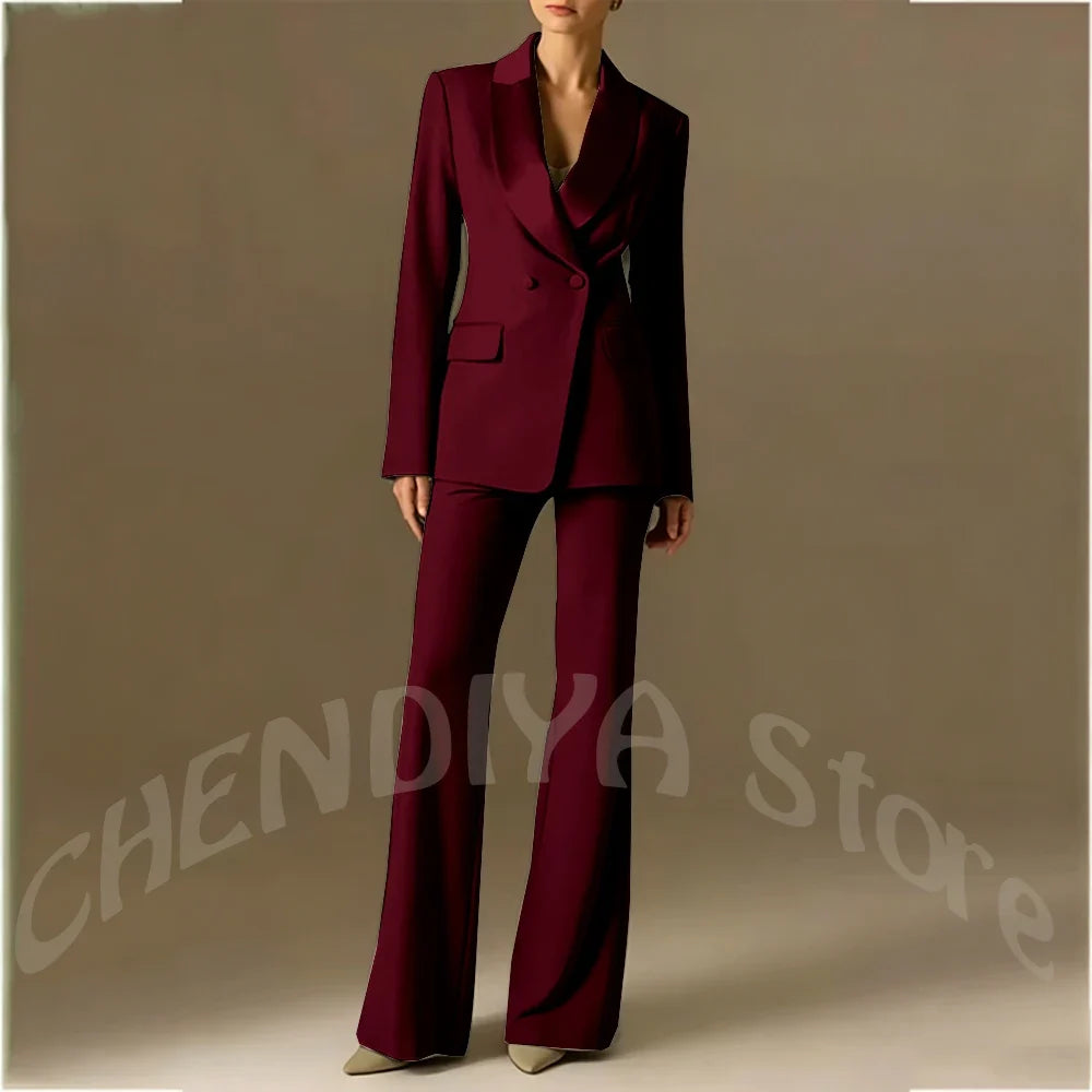 Classic Shawl Lapel Suit For Women Elegant Double Breasted Outfit Solid Color Two Piece Straight Modern Style Office Wear