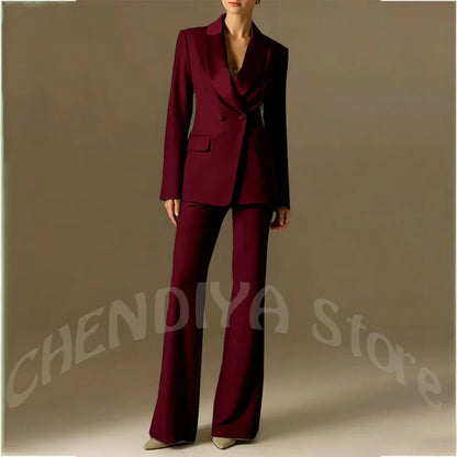 Classic Shawl Lapel Suit For Women Elegant Double Breasted Outfit Solid Color Two Piece Straight Modern Style Office Wear
