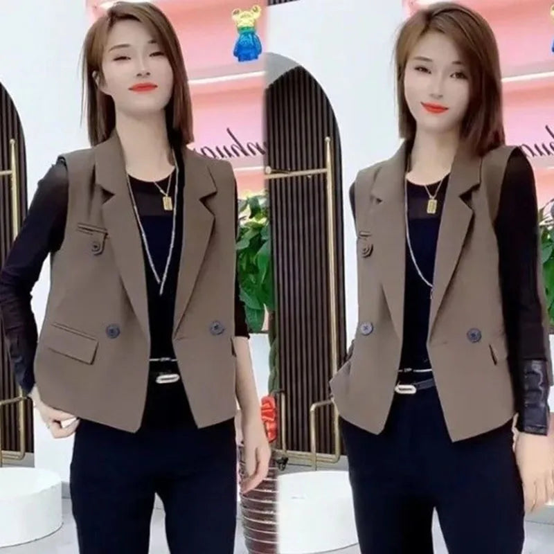 Korean Women With Lining Suit Vest Top Spring Autumn Female Cardigan Waistcoat Jacket Lady Casual Fashion Sleeveless Blazer Coat