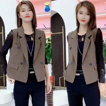 Korean Women With Lining Suit Vest Top Spring Autumn Female Cardigan Waistcoat Jacket Lady Casual Fashion Sleeveless Blazer Coat