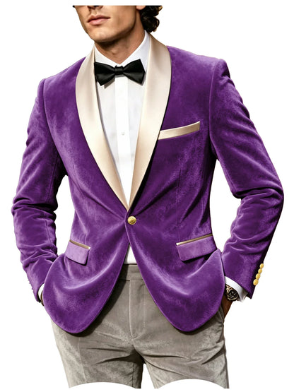 Men Velvet Tuxedo Jacket Champagne Satin Shawl Lapel Slim Fit Blazer Wedding Groom Party Prom Formal Western Dinner Suit Coat