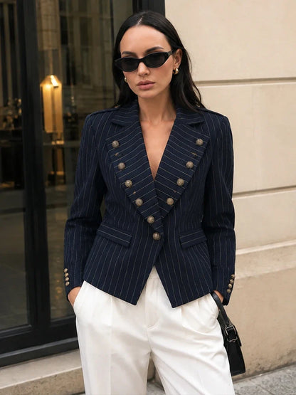 2026 Fashion Women's  Navy Pinstripe Blazer Autumn Elegant Female Long Sleeves Button Military Style Slim Suit Jacket