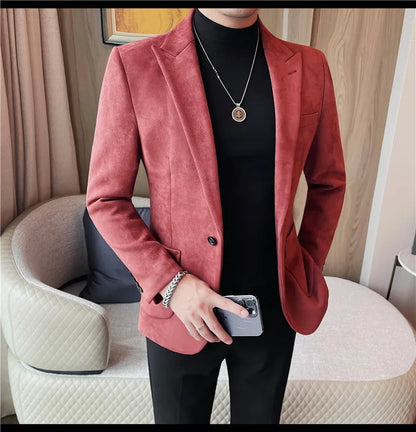 2024 Autumn Winter Men's Suede Suit Jacket High End Business Casual Blazers Slim Fit Wedding Groom Street Wear Social Dress Coat