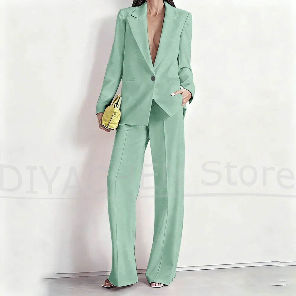 Women's Suit Set Peak Lapel One Button Blazer and Wide-Leg Pants Fashion Formal Casual Party Office Stylish Pants Sets Two Piece