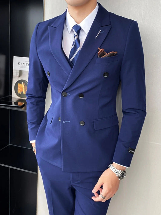 Plus Size Blue Elegant Men's Double Breasted Jacket Vest Pants 3 Pieces Business Sets Chic Peak Lapel Tuxedo For Men Prom Wear