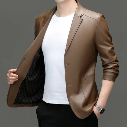 Spring/Summer New Men's Suit Collar Leather Jacket for Business and Casual Wear PU Leather Jacket for Middle-aged Men's Business