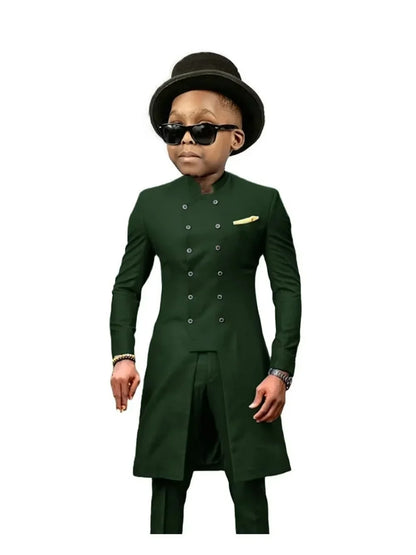 African Stand Collar Kids Long Suit Set 2 Pieces Wedding Guest Outfit Double Breasted Boys Formal Tuxedo Birthday Party Wear
