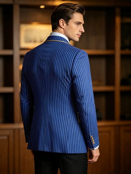Pinstripe Double Breasted Peak Lapel Mens Suit Jacket Business Slim Fit Gold Trim Striped Coat Formal Wedding Prom Banquet Party
