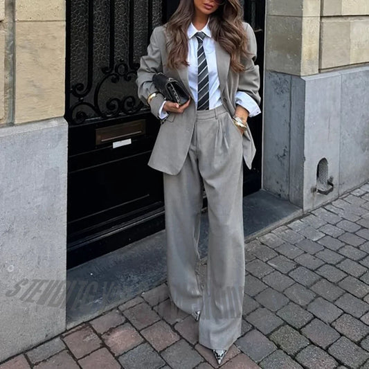 New Fashion Grey Suit Set 2 Piece Elegant Loose Fit Peak Lapel Solid Color Casual Daily Outfit Business Office Women Suit