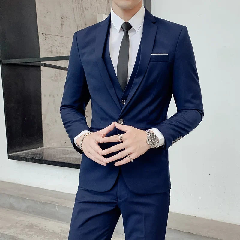 Men's Three-Piece Formal Suit – Solid Color Single-Breasted Blazer, Vest & Pants for Business, Wedding & Banquet
