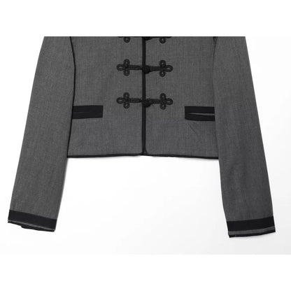 Elegant Chic Frog Fastening Blazers for Women Long Sleeve High Round Neck Blazer with Contrasting Frog Clasp & Cuffs and Pockets