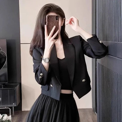 Chic Black Women Blazer 2025 New Arrival Spring Autumn Short Petite Button Trim Design Unique Niche Outerwear Basic Youthful
