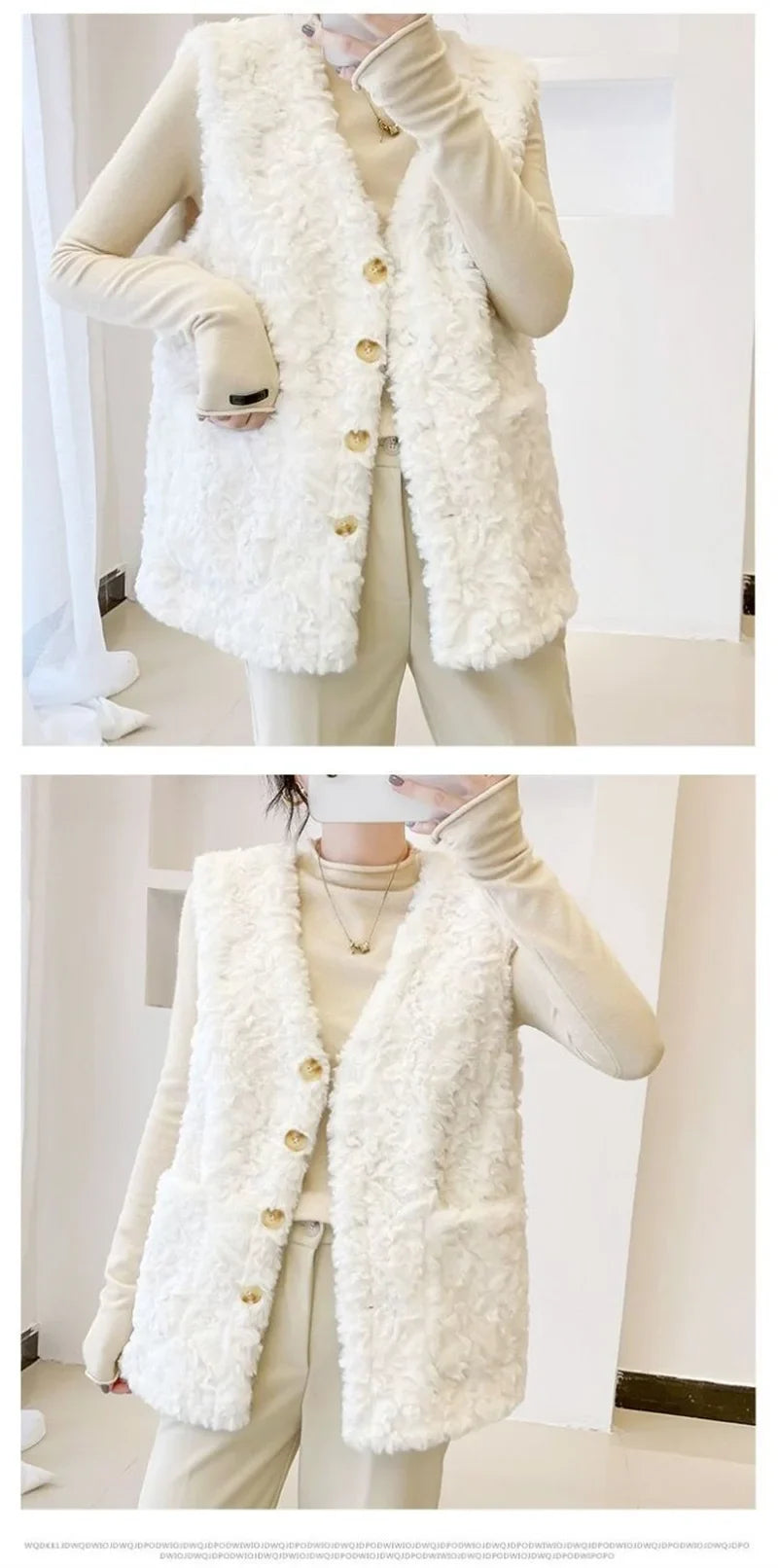 Lady Fashion Vest Outerwear Autumn Winter Female Imitation lamb Wool Waistcoat Coat Korean Women Rabbit 's Hair Sleeveless