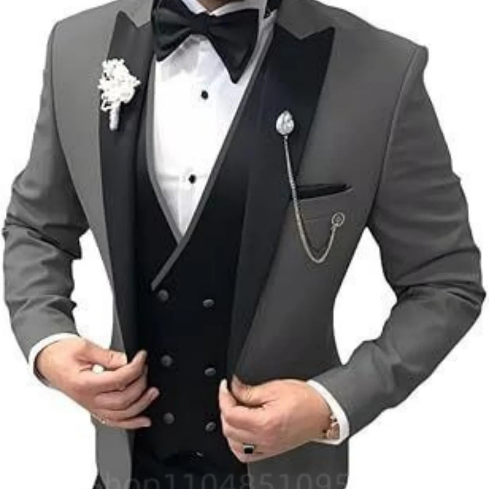 Men's 3-Piece Double Breasted Suit – Peak Lapel Tuxedo Jacket, Vest & Pants for Weddings & Formal Events
