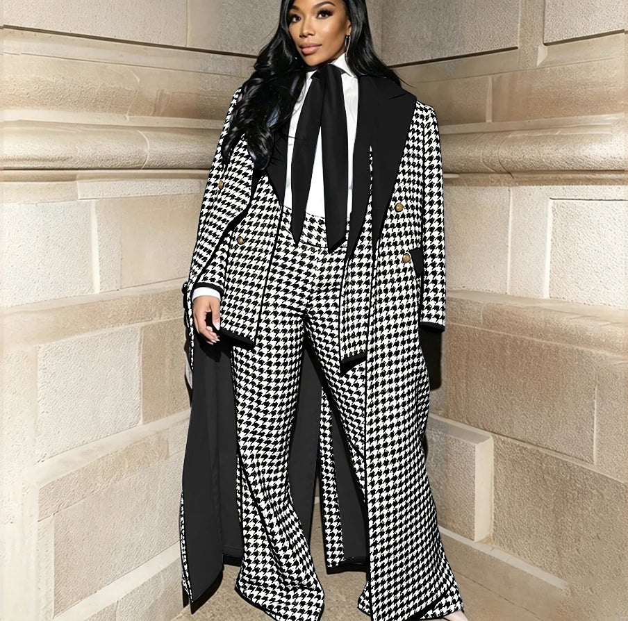 Luxury Houndstooth Women's Jacket+Pants Set Red Stylish Double Breasted Overcoat Formal 3 Pieces Female Evening Party Outfit