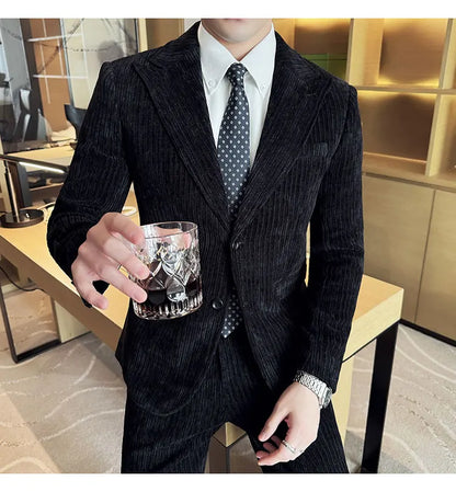 ( Jacket+Pants) Men Corduroy Suit Two-Piece Set High Quality Italian Style Business Suit Luxury Men Formal Wedding Groom Tuxedos