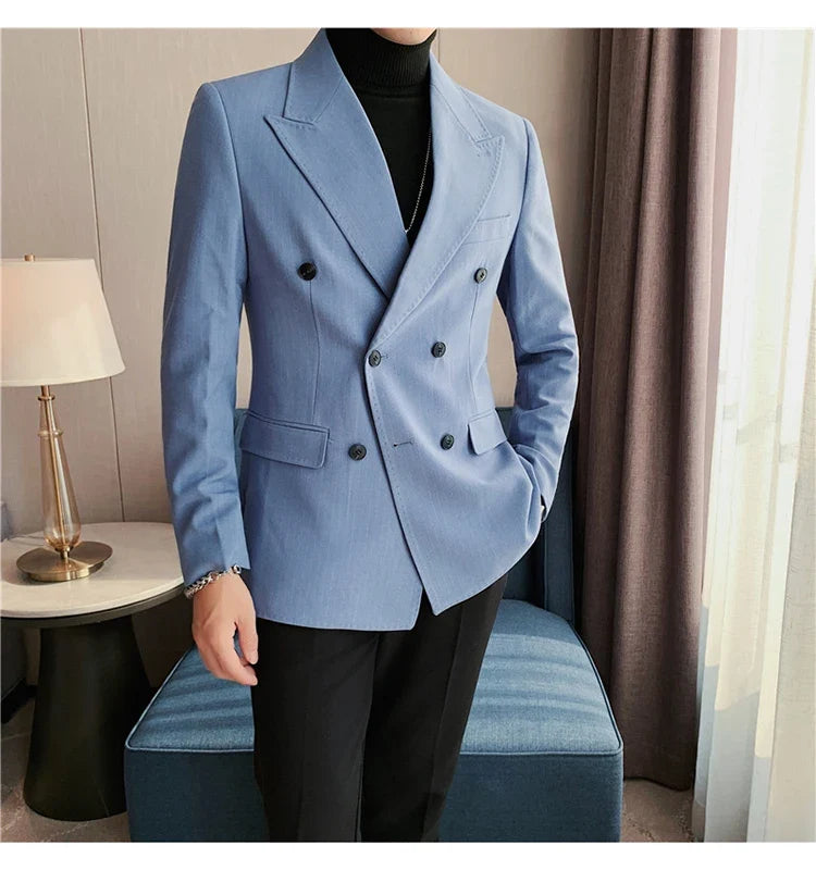 High Quality Double Breasted Suit Jacket Men Striped Casual Business Blazer Slim Fit Wedding Groom Office Social Dress Coat