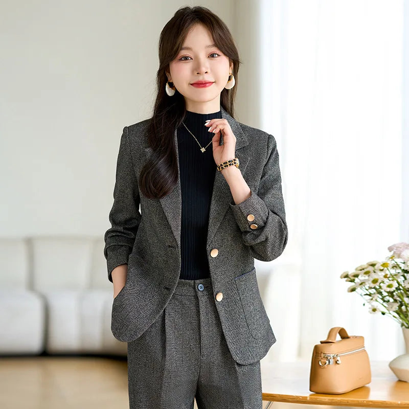 High Quality Fabric Velvet Autumn Winter Women Business Work Wear Suits Pantsuits Formal OL Styles Professional Trousers Set