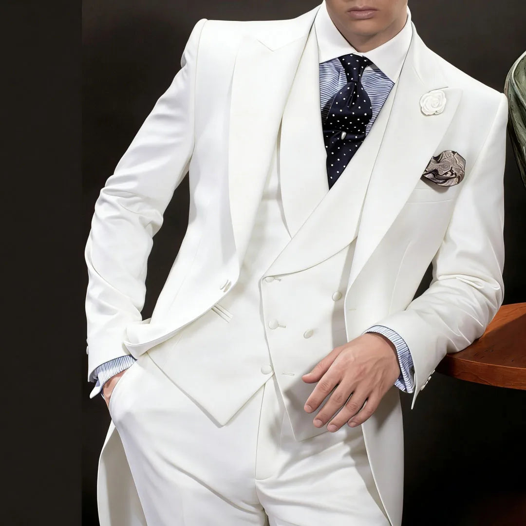 Men Suit 3 Pieces White With Lapel Solid For Wedding Groom Business Party Prom Banquet Work Office Jacket Vest With Pants