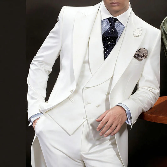 Men Suit 3 Pieces White With Lapel Solid For Wedding Groom Business Party Prom Banquet Work Office Jacket Vest With Pants