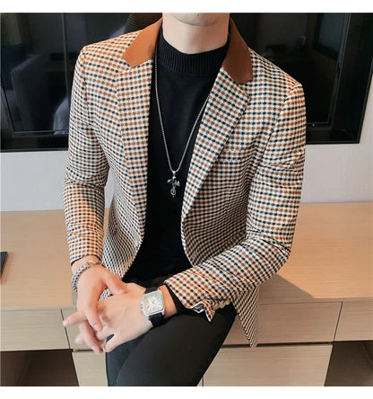 Men's High-Quality Fashion Suit Jacket Handsome Business Casual All-In-One Single-Breasted Checkered Design