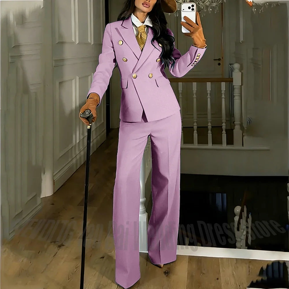 Navy Blue Women's Suit Regular Fitted Customized Peaked Lapel Blazer Professional Outfit(Jacket+Pants) Office Lady Daily Set