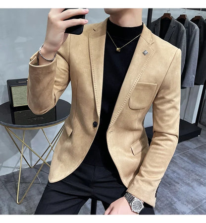 Deerskin Leather Jacket Blazer Men Casual Slim Fit Blazer Hombre Suit Leather Jacket Men Terno Masculino Men Clothing 6 Color