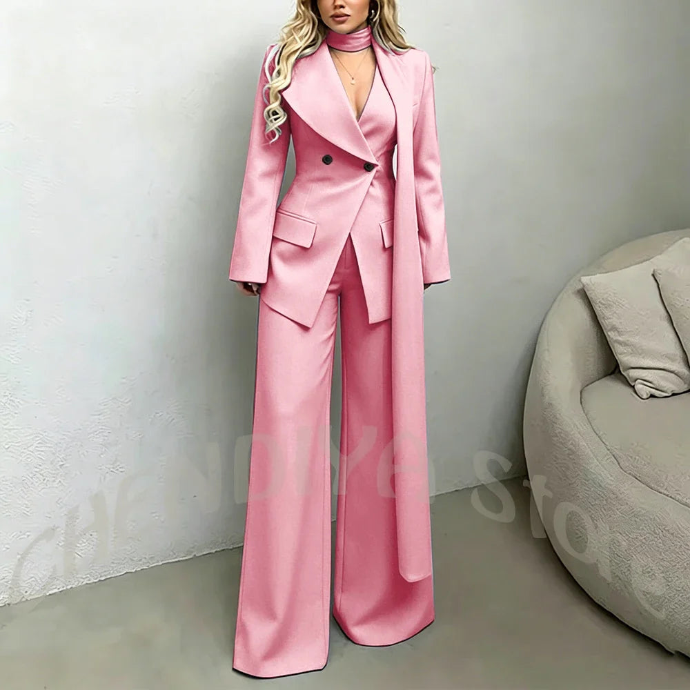 Classic Black Women Suit Set Double Breasted Asymmetrical Blazer Pants with Muffler Formal Office Elegant Two Piece Outfit