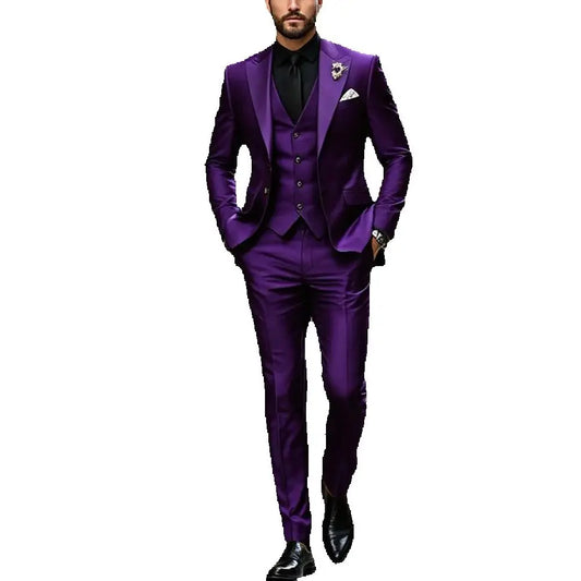 Purple Men Suit Single-breasted Peak Lapel 3 Pieces(Jacket+Pants+Vest) Male Formal Wedding Party Set