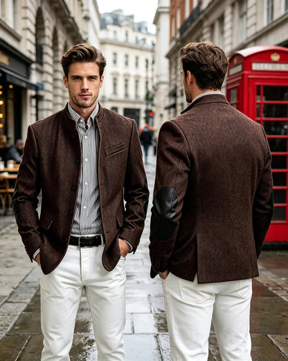 Vintage Men's Mandarin Collar Herringbone Tweed Blazer with Leather Elbow Patch Wool Blend Business Casual Slim Fit Suit Jackets