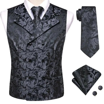 Men's Double Breasted Vest Set – Floral Jacquard Waistcoat with Tie, Pocket Square & Cufflinks for Weddings & Formal Events