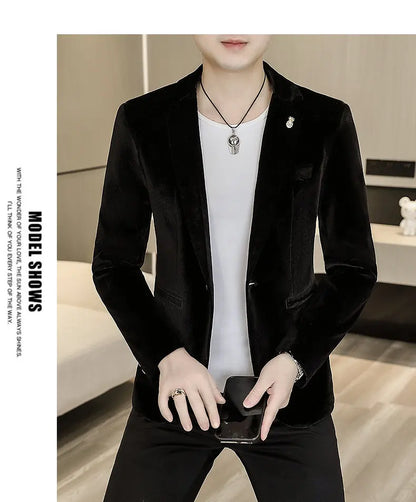 Blazer: An Outdoor Fashion Business Gentleman Wedding Host Slim-fit Casual Korean-style Youthful Men's Golden Velvet Blazer