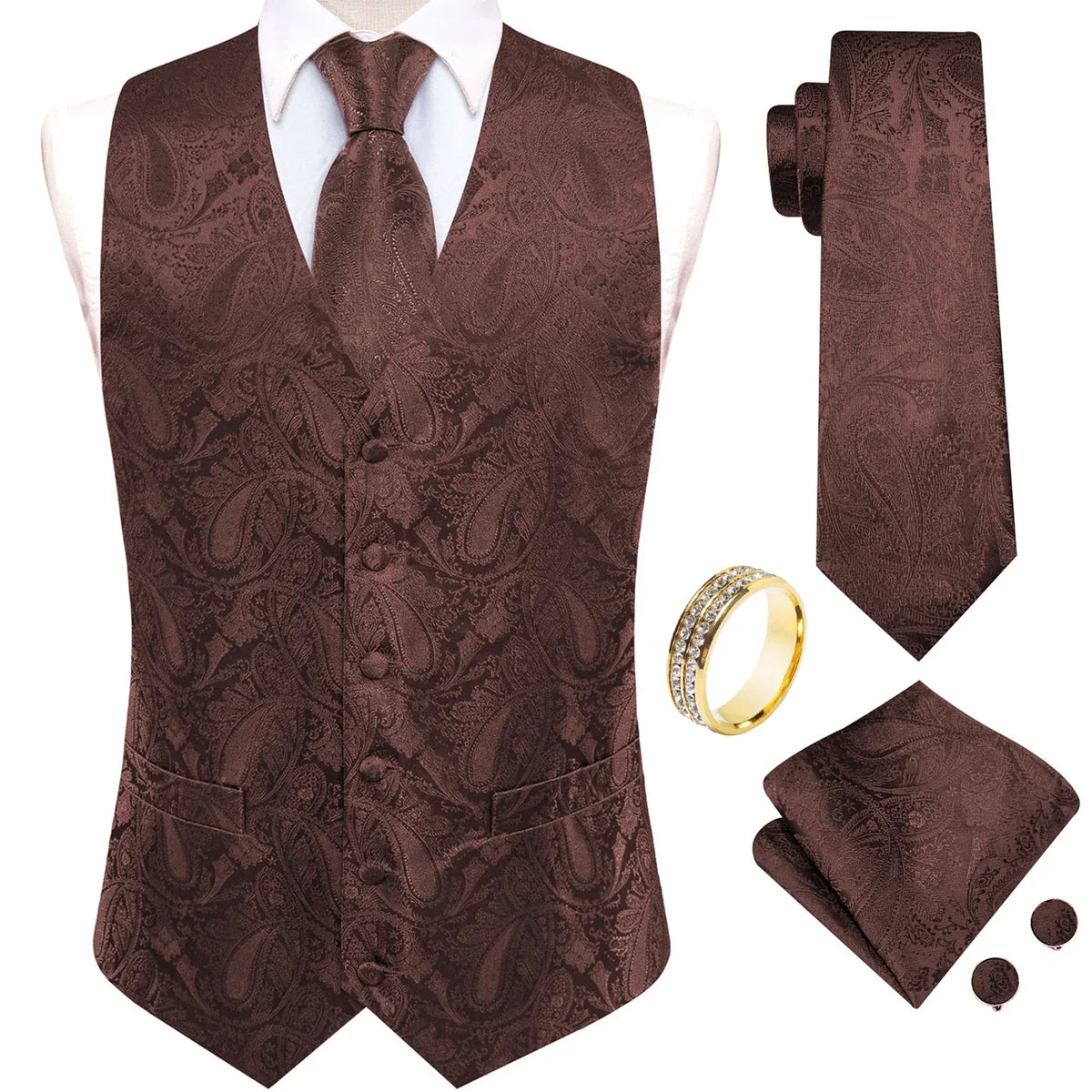 Men's V-Neck Vest 5-Piece Matching Set Coffee Paisley for Banquet & Anniversary