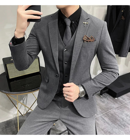 (Jacket +Vest+Pants) Plus Size 7XL-S Men Korean Slim Fit Groom Wedding Business Casual Tuxedo Mens Work Social Suit 3 Pieces
