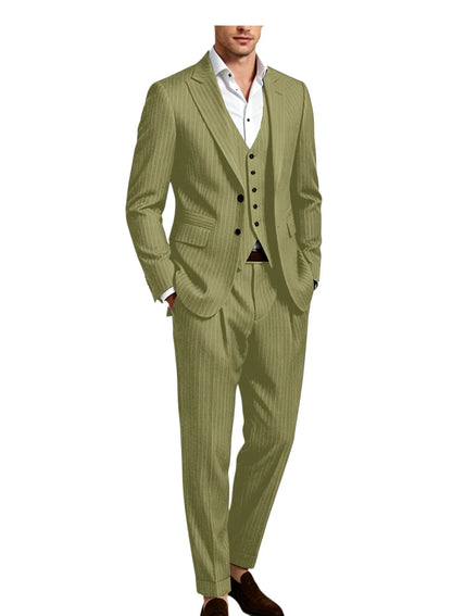 Men's 3-Piece Pinstripe Suit – Slim Fit Notched Lapel Blazer, Vest & Trousers for Wedding & Business