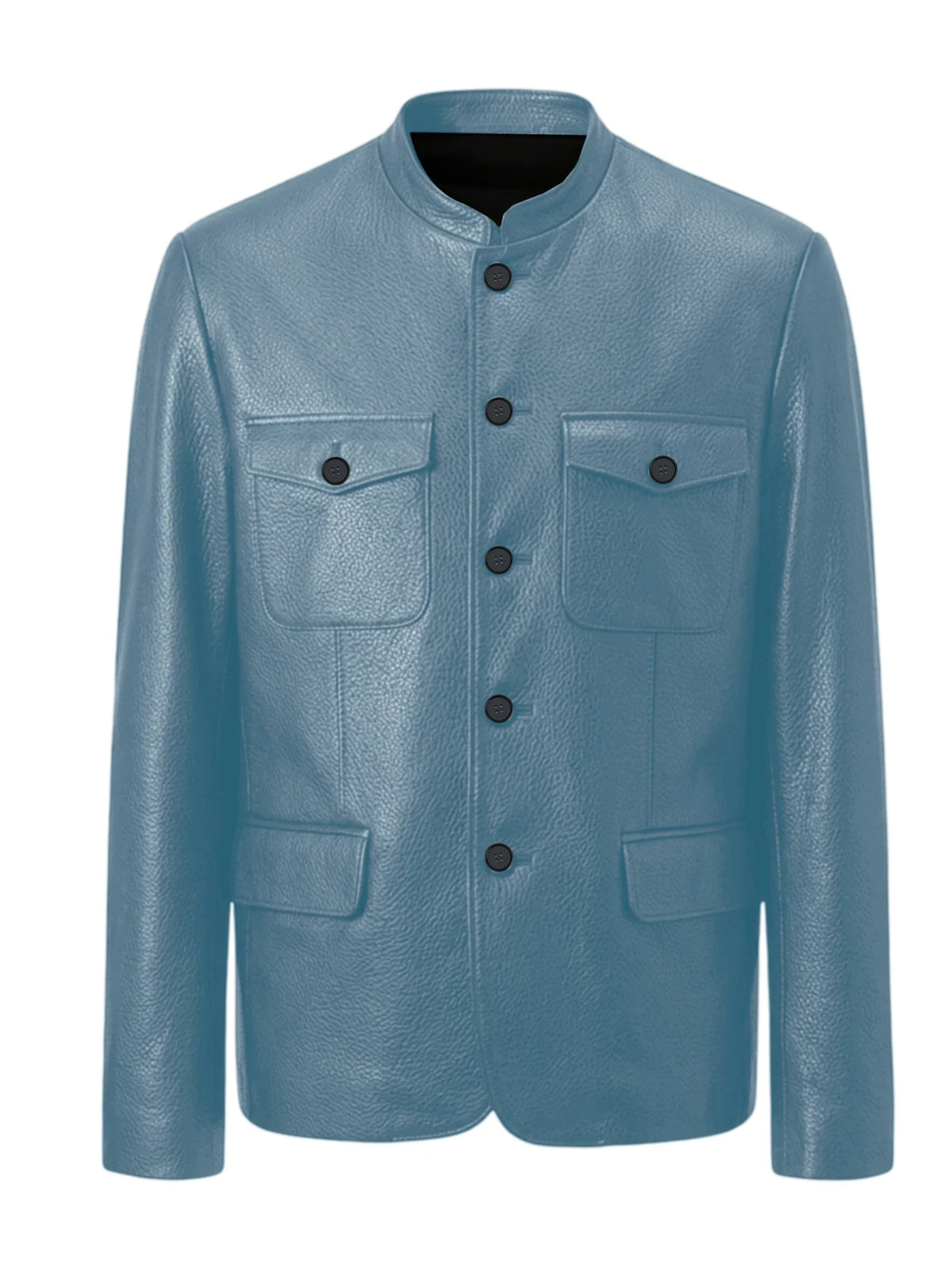 Men Premium Leather-Like Stand Collar Jacket Single Breasted Casual Multi-Pocket Slim Fit Business Outerwear