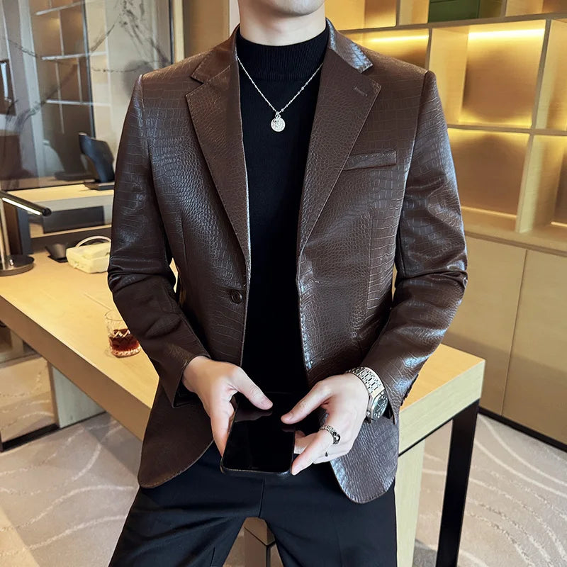 2026 Crocodile Patterned Leather Suit Jacket Men Slim Fit Business Casual Leather Jacket Wedding Groom Party Work Men Blazers