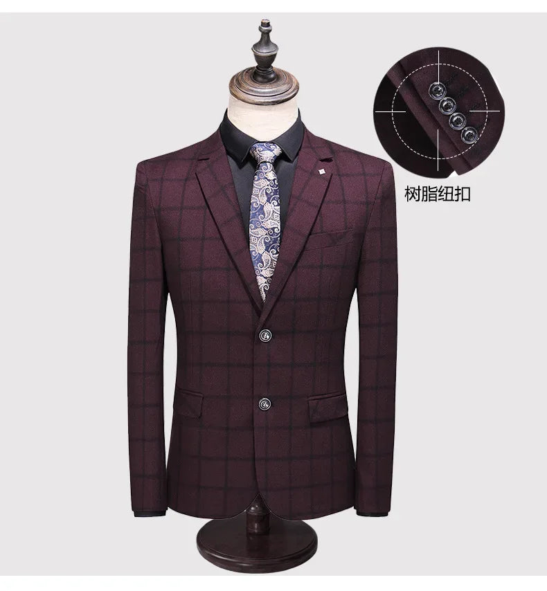 Men's Suit Set – Blazer, Vest & Trousers – British Grid Smart Casual for Business & Weddings