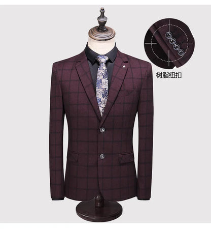 Men's Suit Set – Blazer, Vest & Trousers – British Grid Smart Casual for Business & Weddings