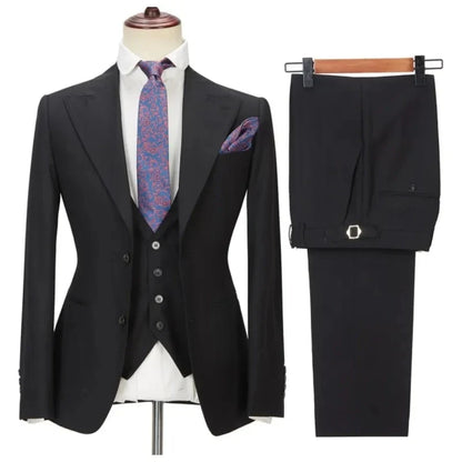 Navy Men's Suits 3 Pieces Side Slit Peaked Lapel Man Clothing Business Formal Wedding Groom Prom Dress Wear Blazer+Vest+Pants