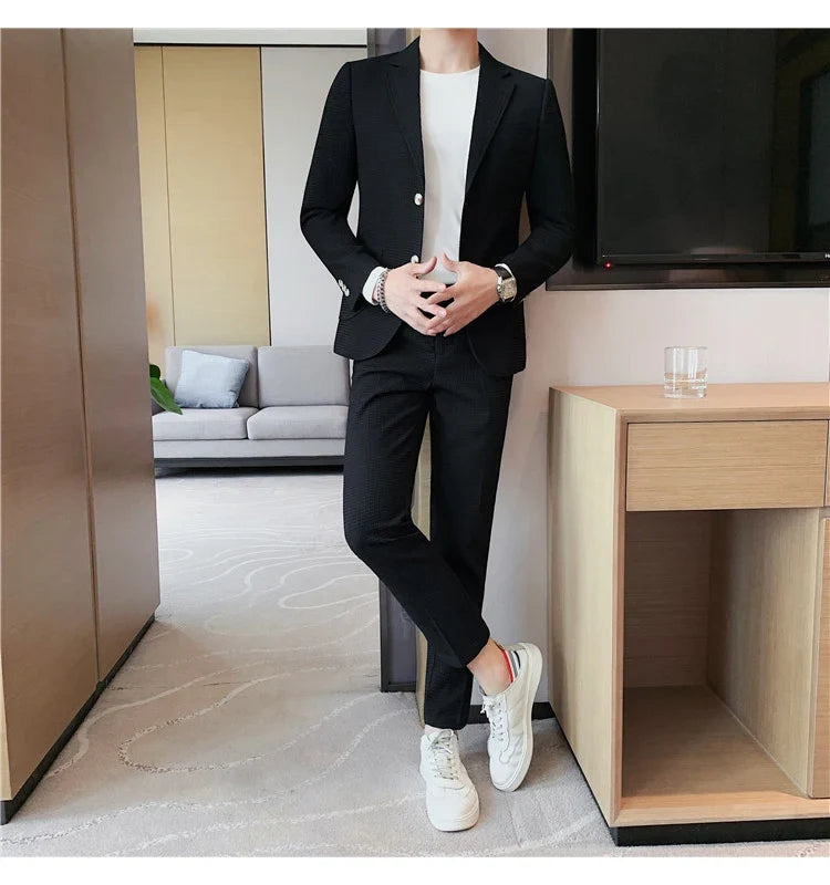 2025 New Waffle Blazers +Pant 2 Piece Set Men Fashion Business Slim Fit Solid Tuxedo Groom Wedding Prom Wear Casual Men's Sets