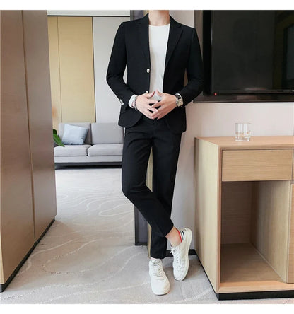 2025 New Waffle Blazers +Pant 2 Piece Set Men Fashion Business Slim Fit Solid Tuxedo Groom Wedding Prom Wear Casual Men's Sets