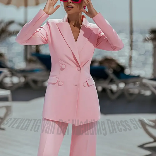 Pink Women Two Piece Suit Double Breasted Peak Lapel Blazer Slim Fit Pants Set Office Lady Wedding Guest Formal Outfit Elegant