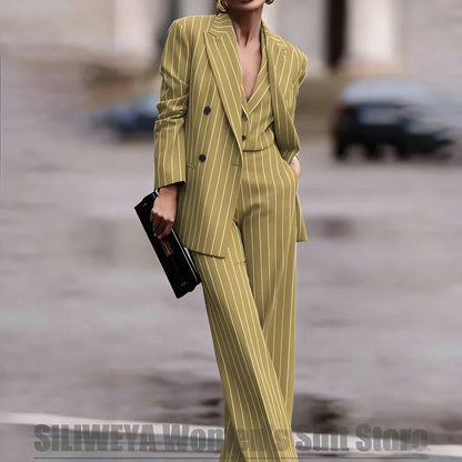 Navy Women's Striped 3 Piece Suit Double Breasted Blazer Vest Wide-Leg Pants Set Fashion Formal Party Office Casual Outfit