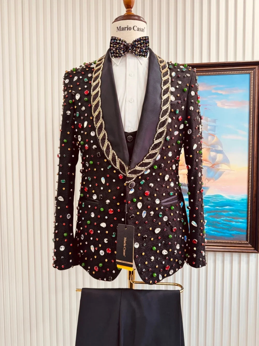 Men's Colorful Crystal Suits 3 Pieces Dancing Wear Shawl Lapel Slim Fit Suit Set Host Costumes Exquisite Man Tuxedo For Party