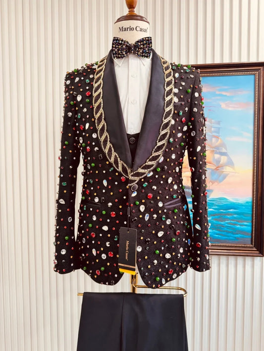 Men's Colorful Crystal Suits 3 Pieces Dancing Wear Shawl Lapel Slim Fit Suit Set Host Costumes Exquisite Man Tuxedo For Party