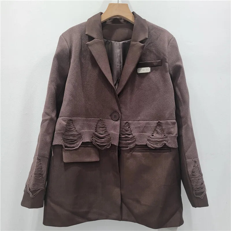 2025 Autumn New Women Blazer Notcged Collar Single Button Distressed Knitted Patchwork Color Block Tide Chic Jacket HK13269