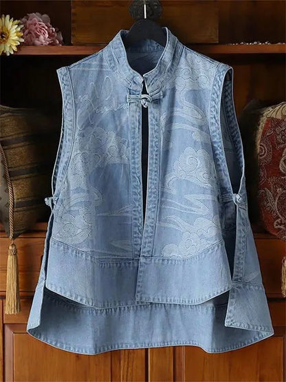 New Female Cowboy Vest Tops Coat Chinese Style Buckle Female Denim Waistcoat Jacket Ladies Cardigan Leisure Sleeveless Outerwear