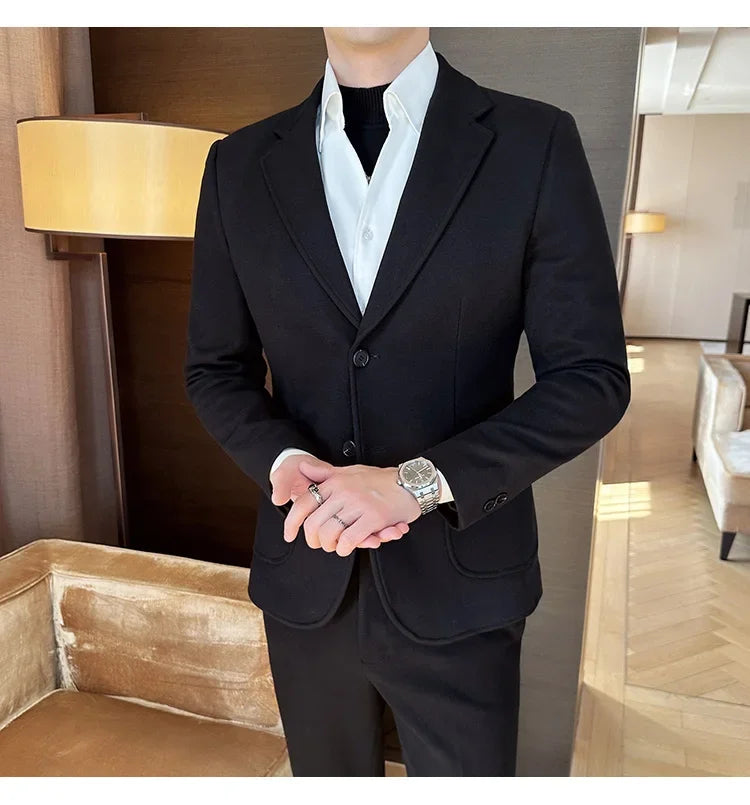 Plus Size 7XL-M ( Jacket+Pant）Autumn Winter Thickened Starry Sky Woolen Suit High Quality Slim Fit Business Social Casual 2 Pcs